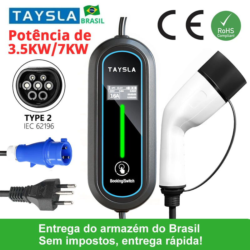 Taysla ev charger type 2 brazilian 7kW 32A Portable EV Charger 3.5kW 16A 80V-260V Charging Cable for electric Vehicles