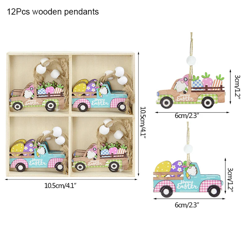12/9pcs Happy Easter Wooden Pendant Cute Bunny Egg Carrot Chick Hanging Ornaments Spring Easter Party Home Decoration DIY Wreath
