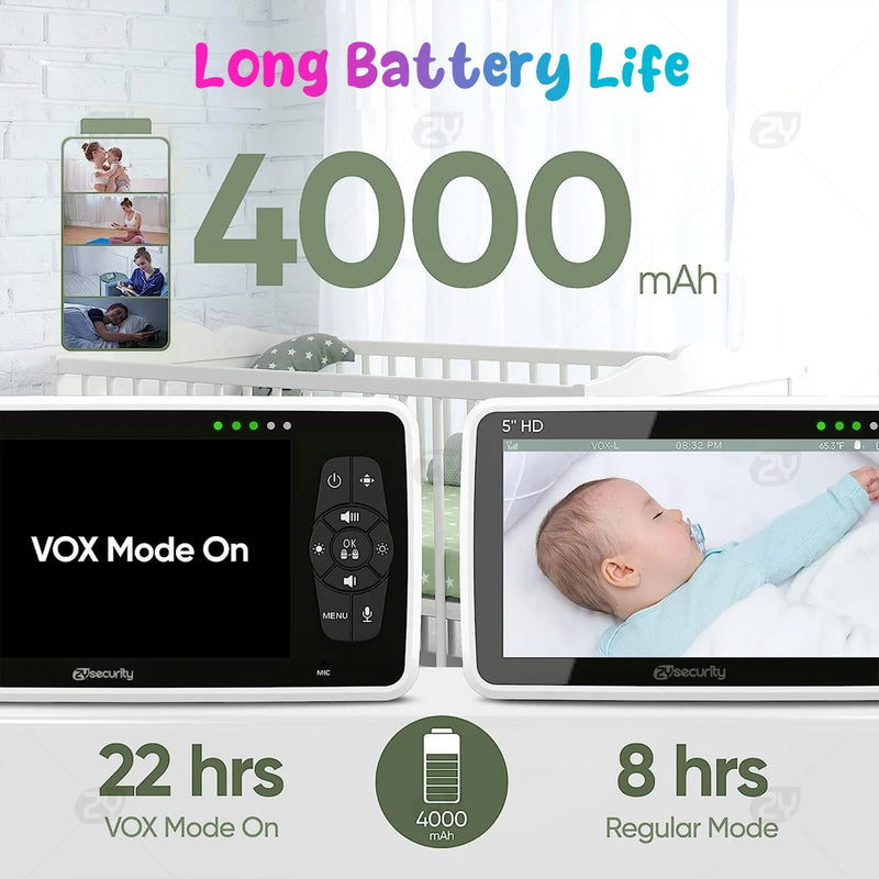 5''HD Baby Monitor with 2 Cameras Pan-Tilt 4X Zoom 2-way Audio Baby Camera Nanny Night Vision 22-Hour Batterr Video Babysitter