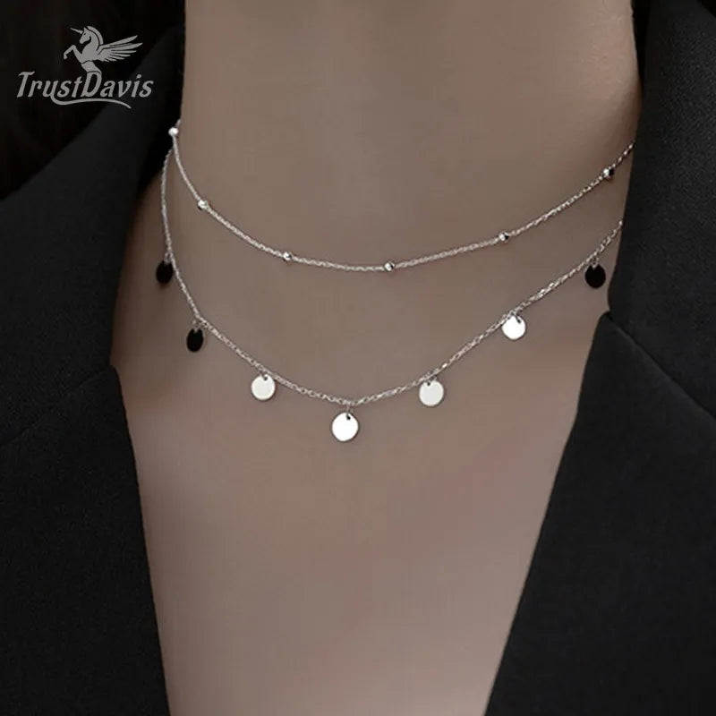 TrustDavis Real 925 Sterling Silver Double Layer 5mm Wafer Beads Choker Necklace For Women Wedding Fine Jewelry DA3000