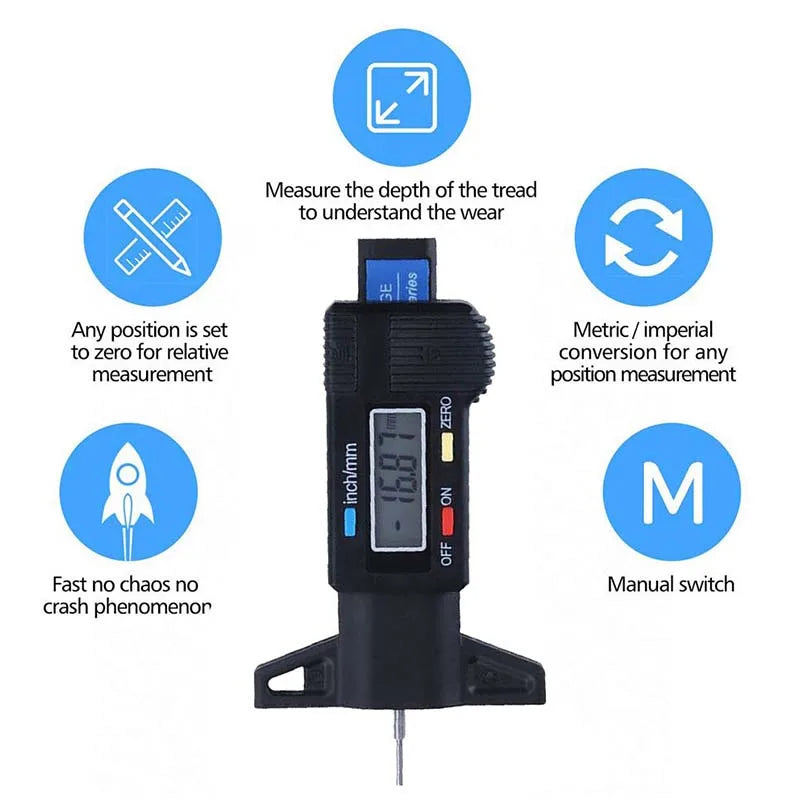 Digital Display Car Tyre Tire Tread Depth Gauge Meter Measurer Tool Caliper Thicknes Gauge Brake Pad Shoe Wear Monitoring System