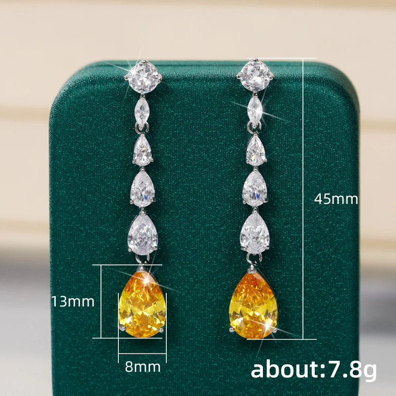 Huitan Bright Pear Yellow Cubic Zirconia Long Hanging Earrings Romantic Bride Wedding Accessory Luxury Fashion Jewelry for Women