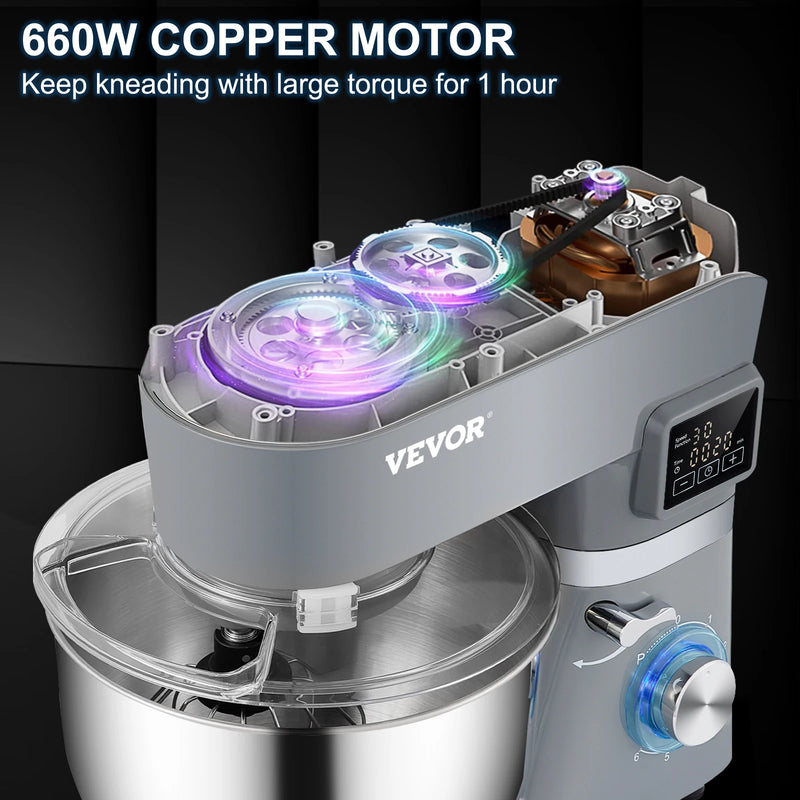 VEVOR Stand Mixer 660W Electric Dough Mixer with 6 Speeds LCD Screen Timing 5.8 Qt Stainless Steel Bowl Dough Hook Flat Beater