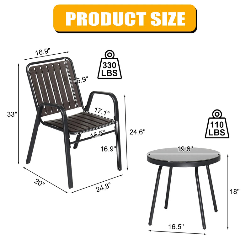 3-Piece Patio Bistro Table Set, Outdoor Furniture Set with 2 Stackable Patio Dining Chairs and Glass Table for Yard Balcony Porc