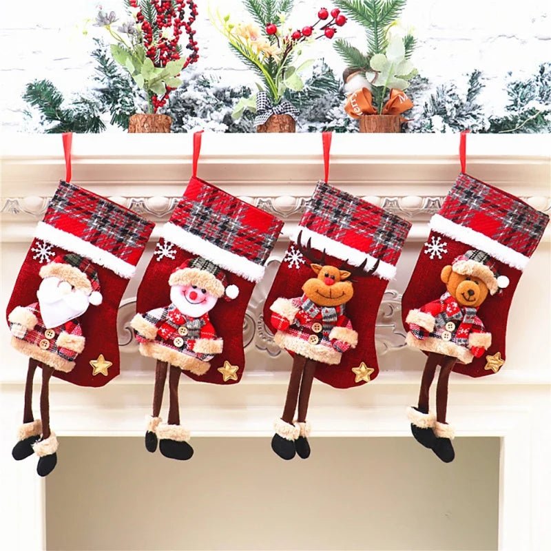 Christmas Stockings Socks Fireplace Hanging Stockings Plush Personalized Home Party Decoration with Snowman Santa Elk Bear