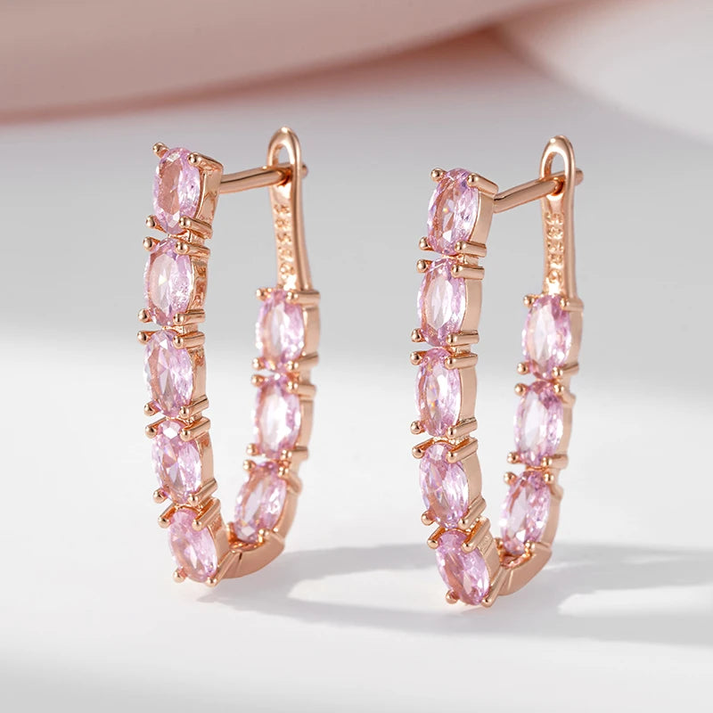 SYOUJYO Shiny Pink Natural Zircon Full Paved Drop Earrings For Women Luxury Party 585 Rose Gold Color Fine Jewelry Gift