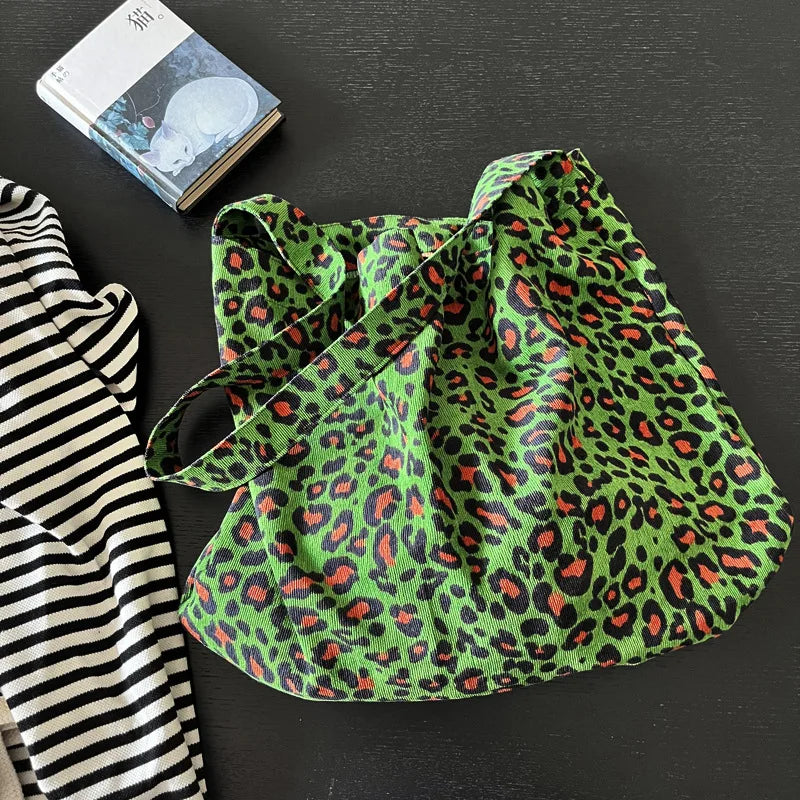 Women's Corduroy Shoulder Crossbody Bag Green Leopard Print Cloth Large Capacity Handbag Casual Travel Shopping Totes