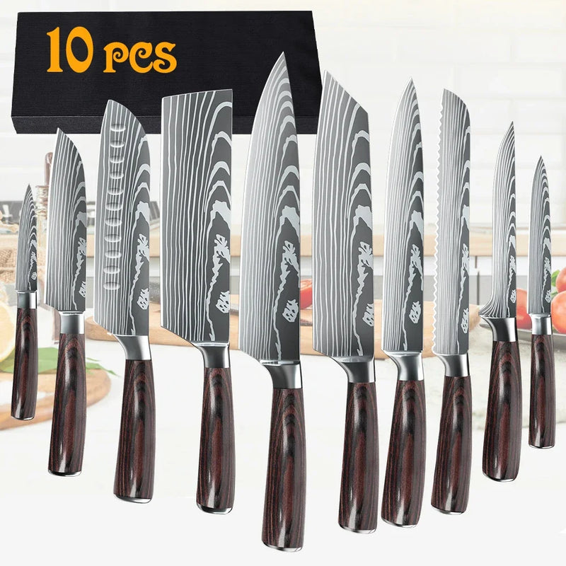 Kitchen Knife Set 3-10PCS Professional Chef Knife 7CR17 Germany Stainless Steel Damascus Laser Meat Cleaver Slicing Santoku