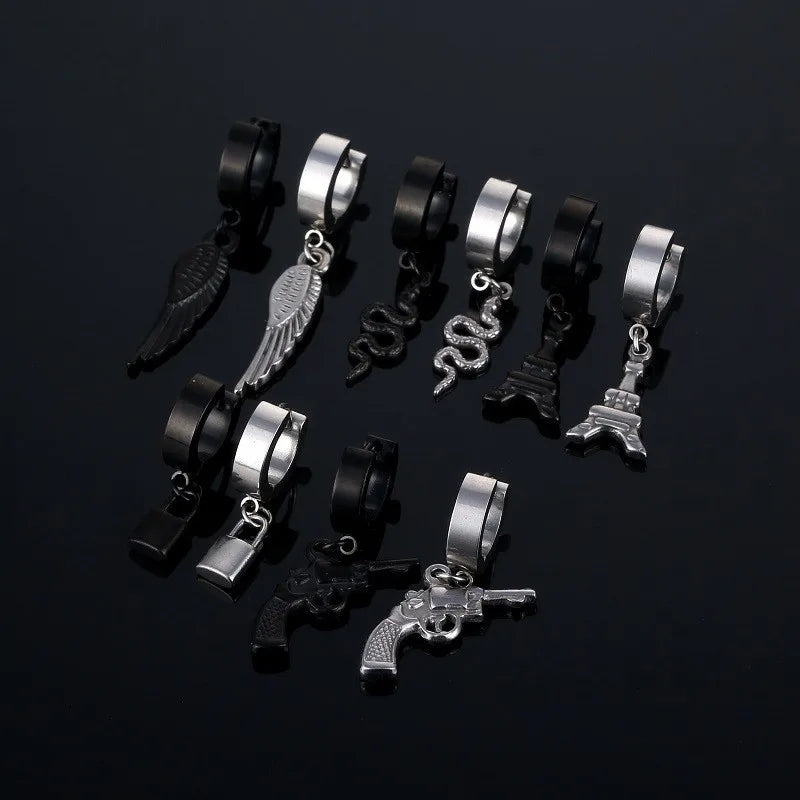 Gothic Punk Stainless Steel Cross Lock Key Snake Scorpion Hoop Earrings For Women And Man Piercing Jewelry Party Wholesale