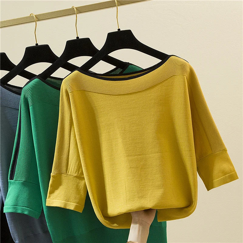 Summer Fashion Women Tops Knitted Solid Blouse Ice Silk Pullover Short Sleeve Loose Thin Tops Women's Clothing New Clothes 14425