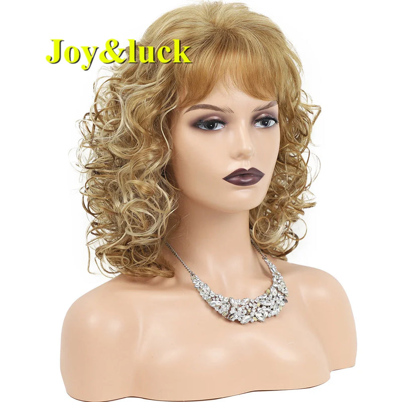 Joy&luck Short Curly Wig Synthetic Hair Wigs Gold Mix Blonde Color Women's Full Wig with Bangs Natural Daily Hair Style