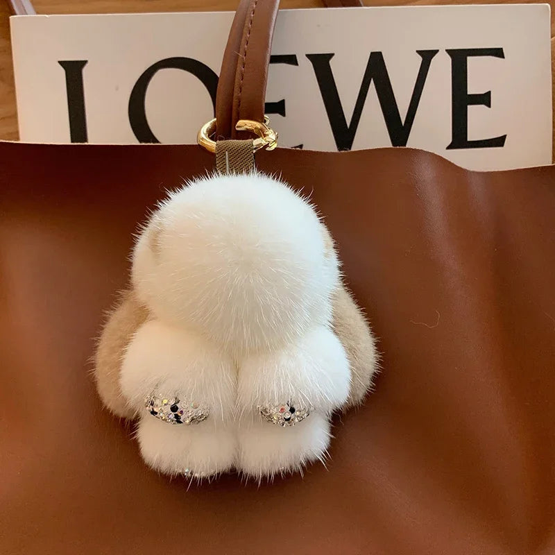 Cute Long Ear Bunny Keychain Real Mink Fur Rabbit Doll Pendant Toys Keyring Handbag Charm Ornament Pompom Plush Jewelry Gifts
