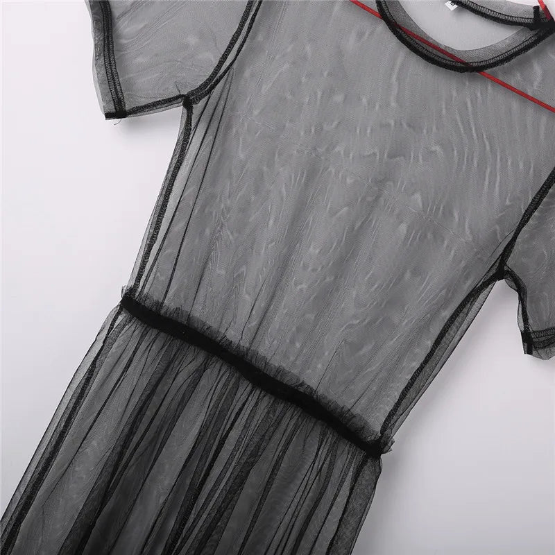 Perspective Bikini Mesh Sheer with Elastic Waist Beach Dress Ladies See Through Short Sleeve O-neck Swimwear Smock for Women