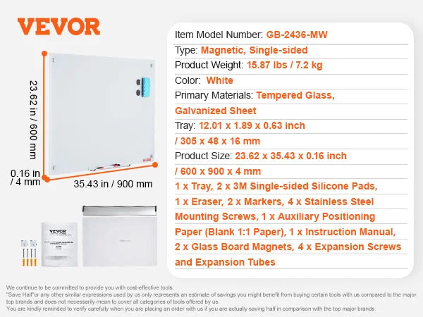 VEVOR Magnetic Glass Whiteboard 36"x24"/48"x32"/72"x36" Dry Erase Board Wall-Mount Large Frameless Glassboard for School Office