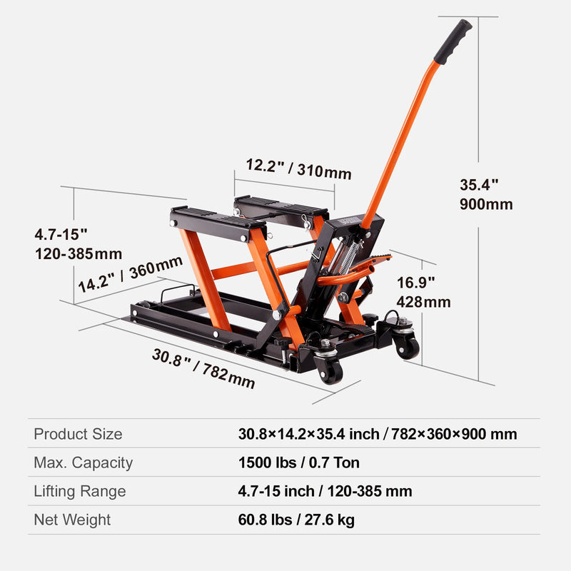 SucceBuy 1500 LBS Steel Hydraulic Motorcycle Jack Stand ATV Scissor Lift Jack Scissor Lift Jack Stand with 4 Wheels for ATV UTVs