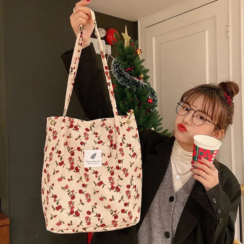 Bags for Women 2023 Corduroy Snap Button Shoulder Bag Large Capacity Reusable Shopping Bag Literary Buckle Tote Female Handbags