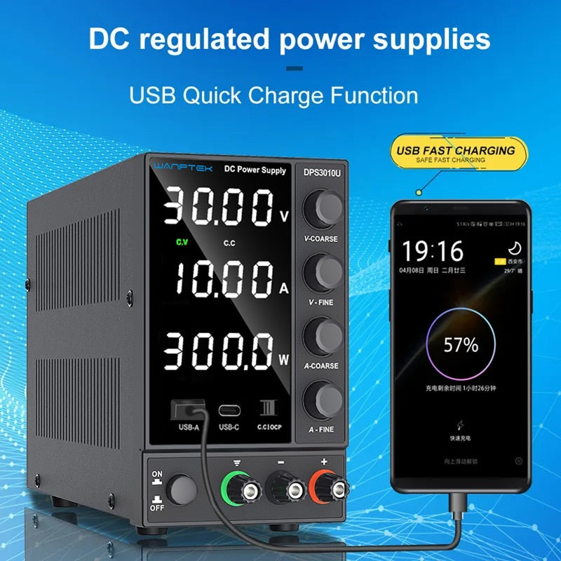 Wanptek Adjustable DC Power Supply 30V 10A 60V 5A with USB & Type C Regulated Switching Lab Bench Power Supply