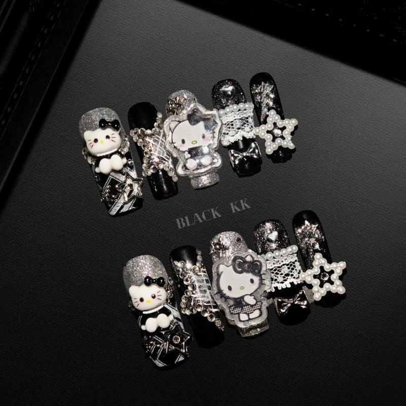 10Pcs Y2K Spicy Girl Long Coffin Handmade Press On Nails 3D Sanrio Hello Kitty Bear Pearl Diamond Pentagram Wearable False Nail