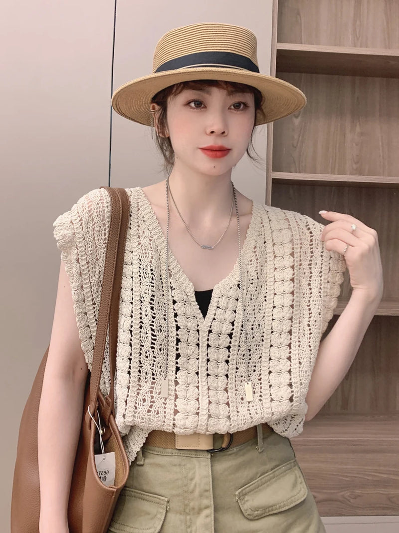 Cotton Crochet Tops Sexy Knitted Hollow Out Sleeveless T-Shirts Loose Female Women Clothing 2023 Summer New Vintage Tees Femme