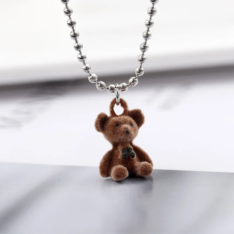 Cute Plush Bear Pendant Necklace for Girls Women Korean Fashion Bear Long Sweater Neck Chain Necklaces Collar Jewelry