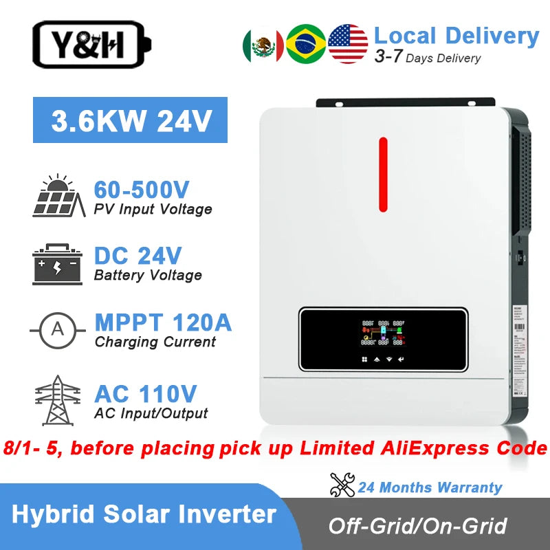 Y&H 3.6KW 4KW Hybrid Solar Inverter 24VDC 110VAC Pure Sine Wave Hybrid Inverter 120A MPPT Solar Controller Run Without Battery