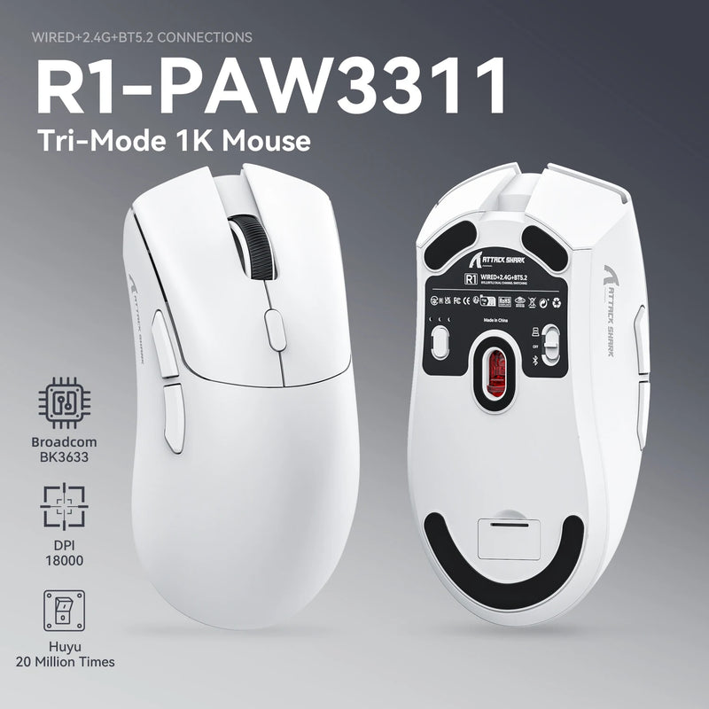 R1 Attack Shark Wireless Mouse Bluetooth Gaming Mouse PAW3311 Sensor,1000Hz Return-rate,Tri-mode,Ergonomic,Rechargeable