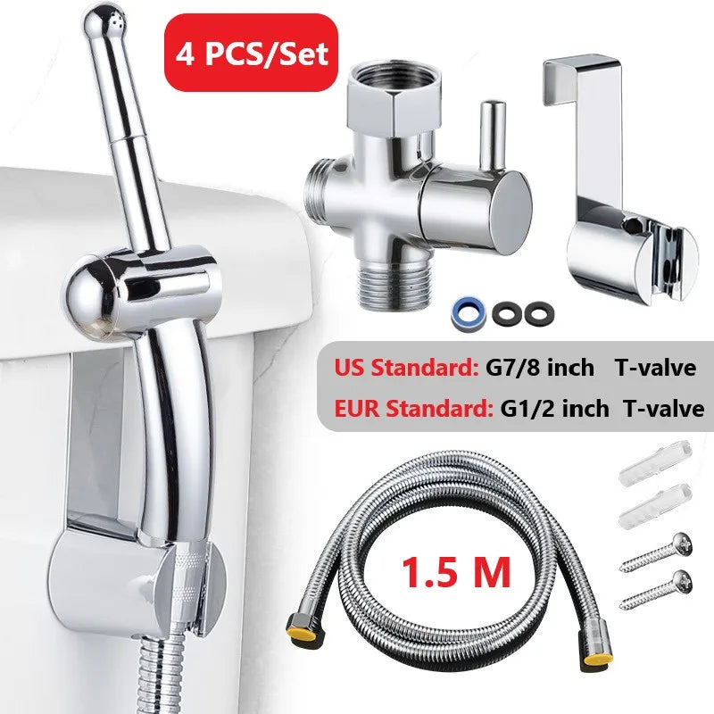 4 PCS/Set Handheld Toilet Bidet Faucet Sprayer Kits Bathroom Spraye Wall-Mount Self Cleaning Kit T-Valve & 1.5M Hose & Holder