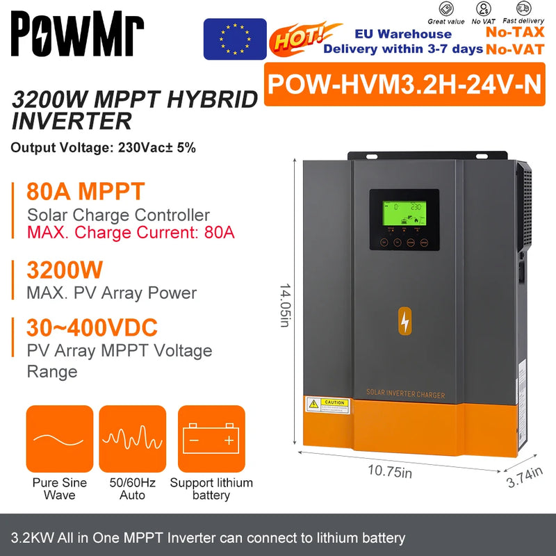 PowMr 3.2KW 24V Hybrid Solar Inverters 12V V Pure Sine wash 80A MPPT Solar Charge Controller Charges lithium Battery With WIFI
