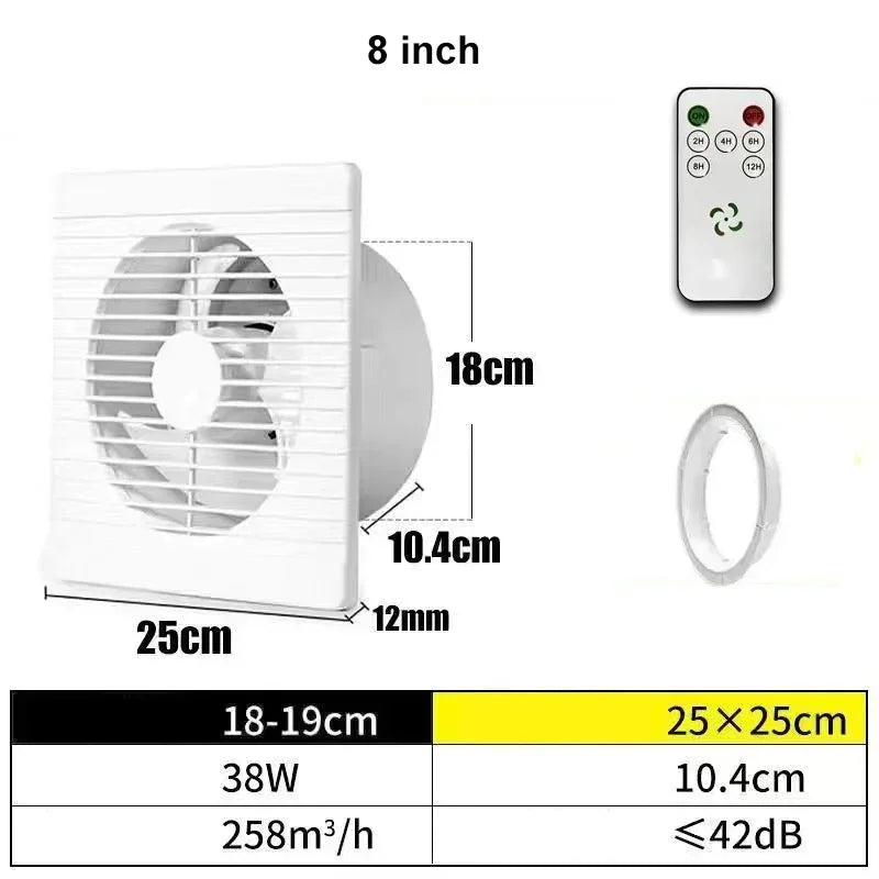 220V 4/ 6/ 8 Inch Remote Control Window Wall Exhaust Fan for Bathroom Toilet Kitchen Air Ventilation with Timing Function