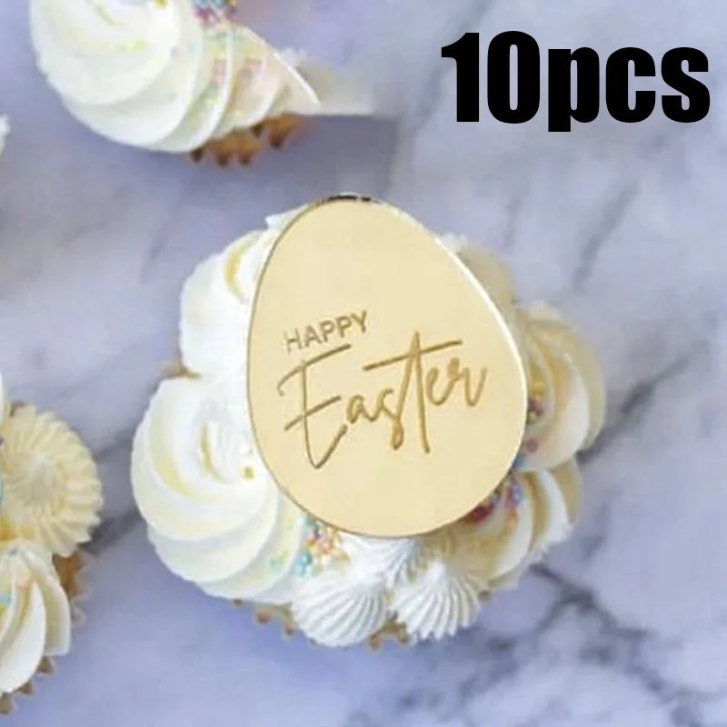 10Pcs Happy Easter Bunny Egg Cake Toppers Acrylic Gold Silver Rabbit Shaped Cupcake Toppers for Easter Party Dessert Decorations