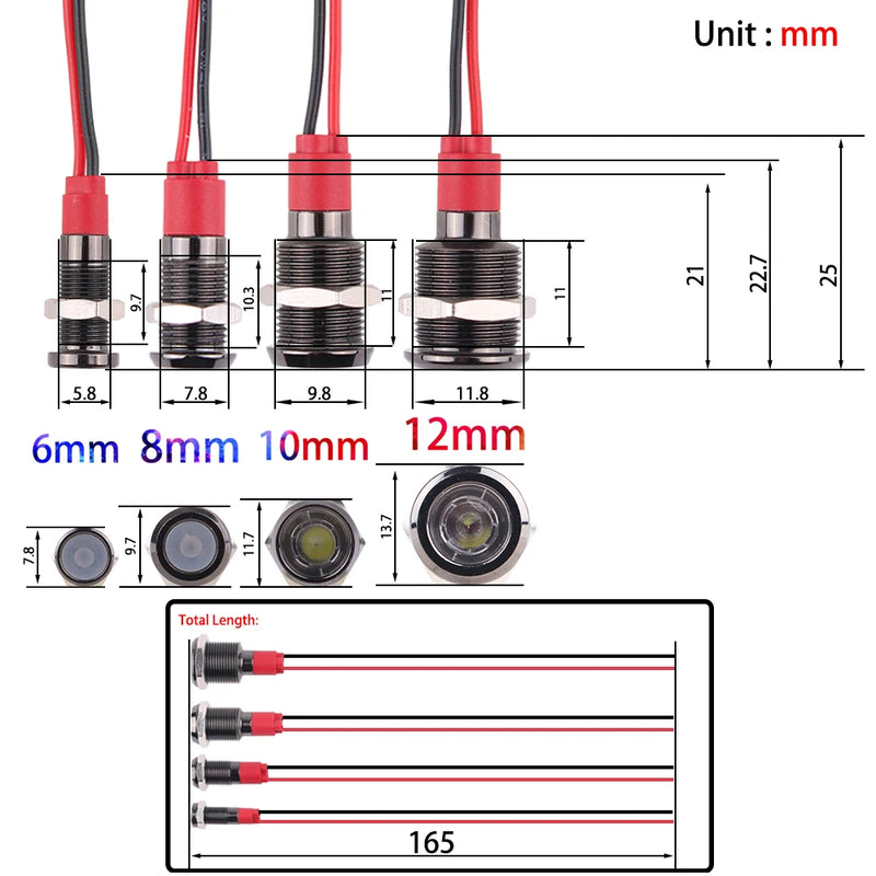 6mm Oxidized Aluminum LED Waterproof Metal Black Indicator Light Signal Lamp With Wire 3V 6V 12V 24V 110V 220V For Metal button