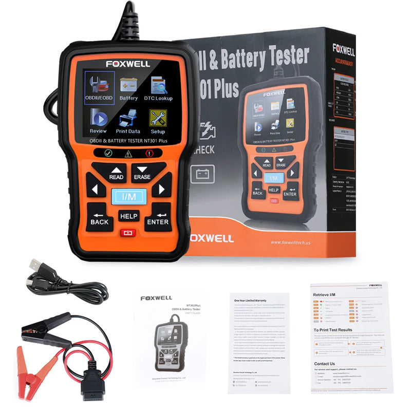 FOXWELL NT301 Plus 2 in 1 OBD2 Scanner Battery Tester OBDII Diagnostic Tool Check Engine Car Code Reader 12V 100-1100CCA Crank