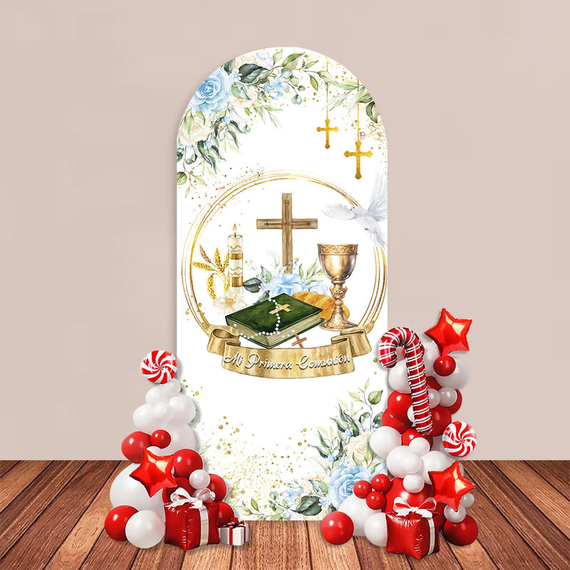 First Holy Communion Arch Backdrop Cover Wood Cross Baptism Boy Girl Boho Blue Cyan Flowers Party Decor Gold Bless Background