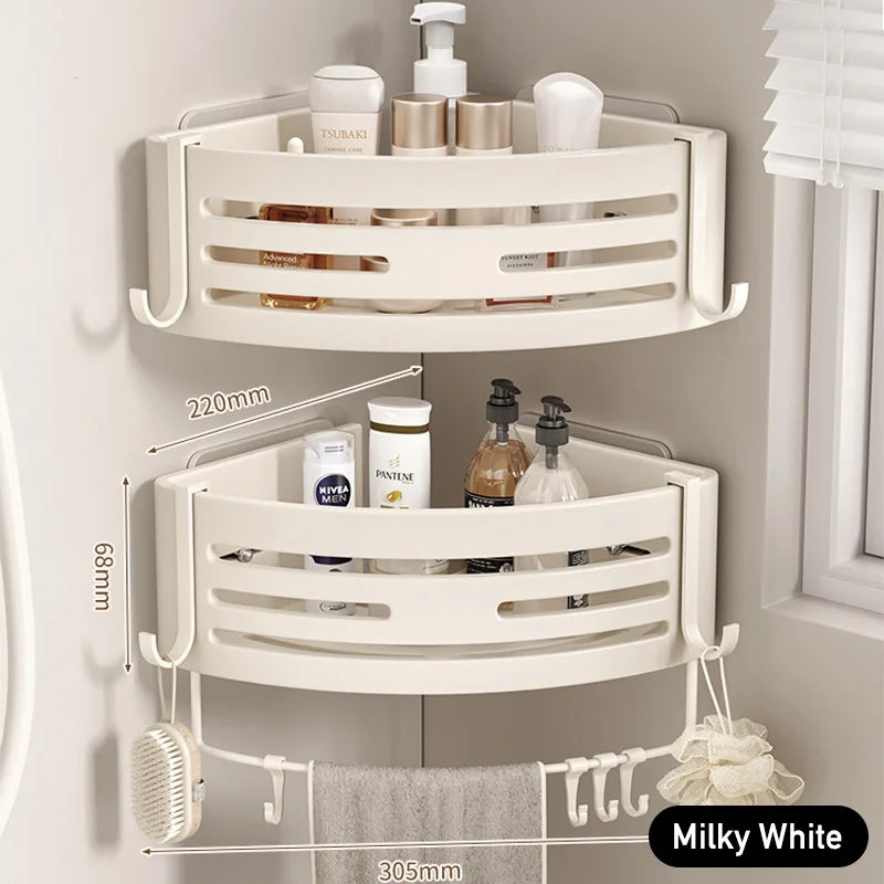 White Bathroom Shelves with Towel Bar and Hooks Shampoo Mackeup Storage Organizer Self Adhesive Wall Mounted Shower Corner Rack