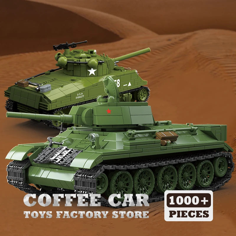 M4A3 Medium Tank Building Blocks T34/76 Armored Cars Bricks Model WW2 Classic Military Toys Adult Boys Kids Christmas Gifts DIY