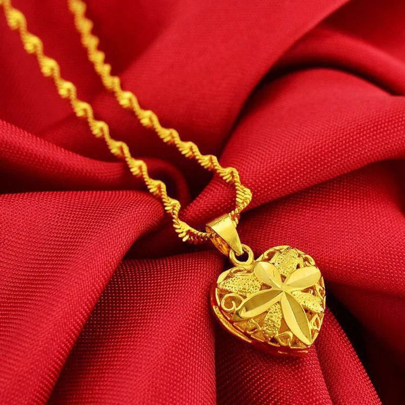 HOYON Coating Gold 18k Necklace For Women Wedding Jewelry Hollow Love Heart Pendant Waterwave Chain Neck Collar For Bridals