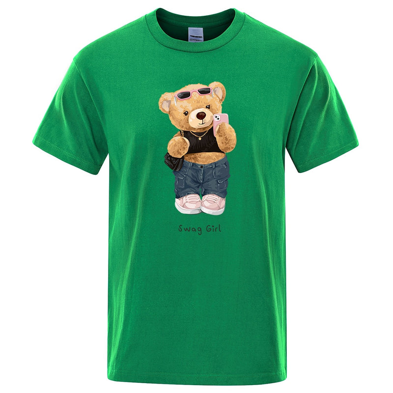 Street Teddy Bear Selfie Swag Girl  Prints Men Tops Fashion Summer T Shirt Mens Short Sleeve Hip Hop Streetwear