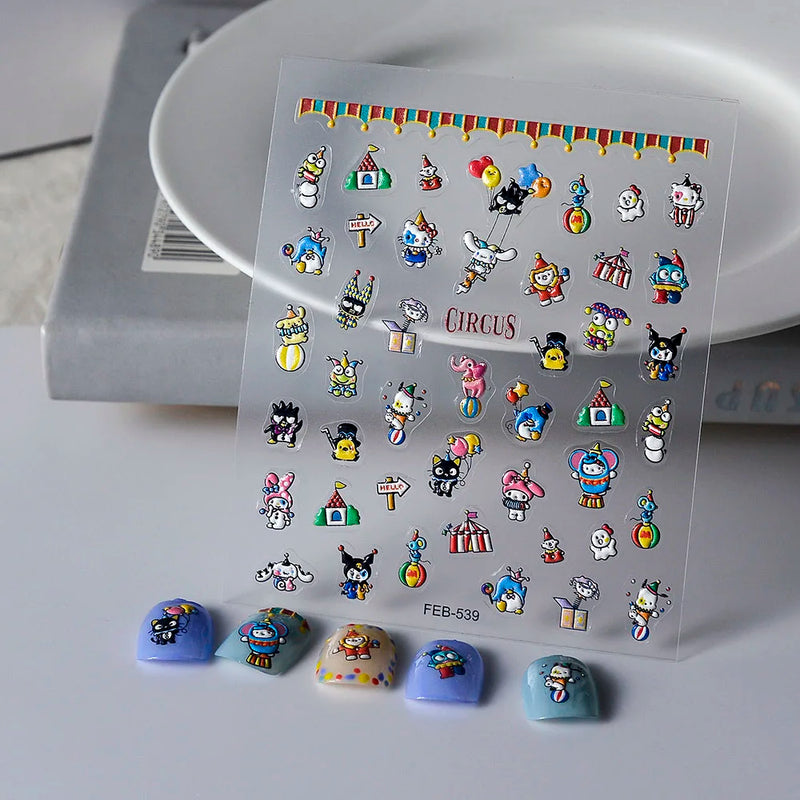 1PCS 5D Cartoon Kuromi Hello Kitty Nail Stickers Sanrio Animation Nail Art Decoration Sanrio Cute Melody Embossed Stickers