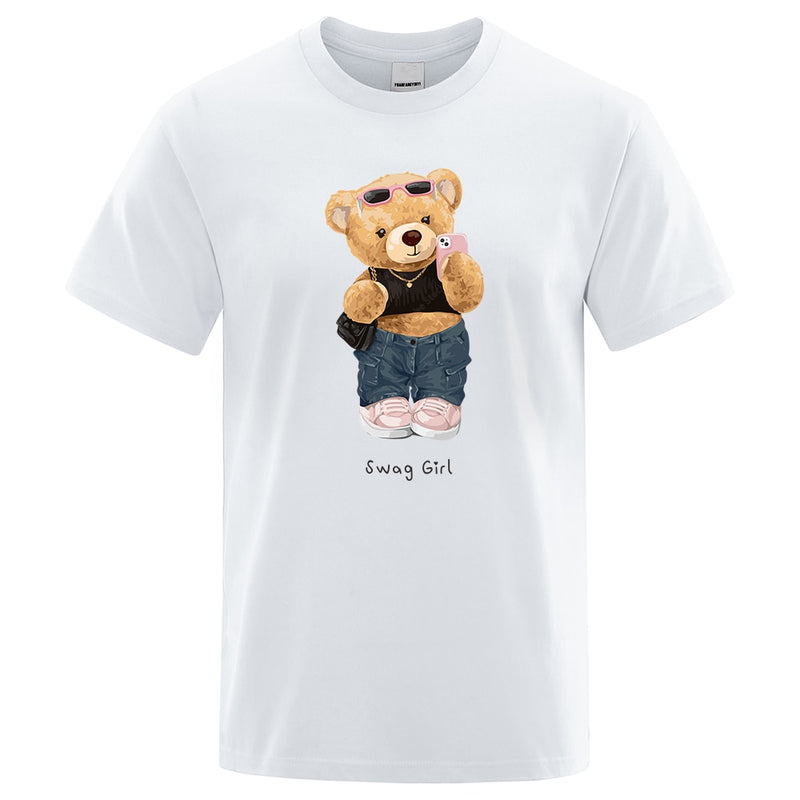 Street Teddy Bear Selfie Swag Girl  Prints Men Tops Fashion Summer T Shirt Mens Short Sleeve Hip Hop Streetwear