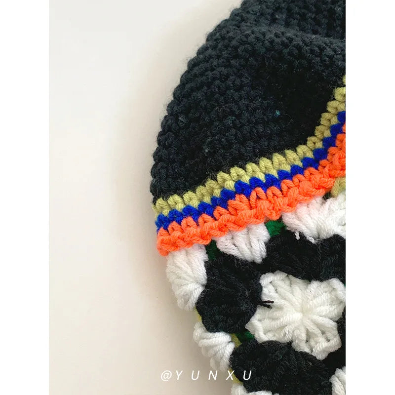 Retro Versatile Japanese Dopamine Rainbow Knitted Bucket Hats for Women Spring and Autumn Travel Fashion Casual Basin Cap