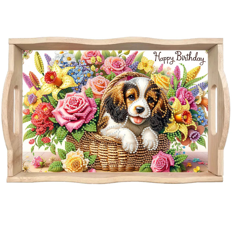 Wooden Animals Flowers 5D DIY Diamond Painting Serving Tray with Handle DIY Diamond Painting Food Tray Kit for Coffee Table