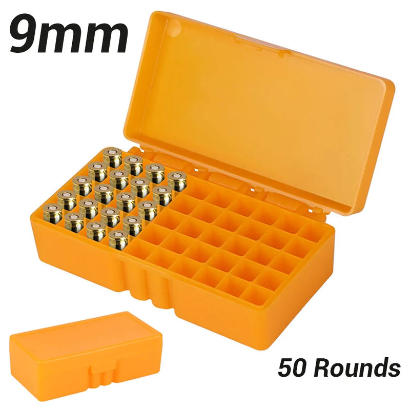 50 Rounds Tactical Ammo Box 9mm Pistol Rifle Ammo Bullet Carry Storage Box Flip-Top Cartridge Storage Case Hunting Accessory