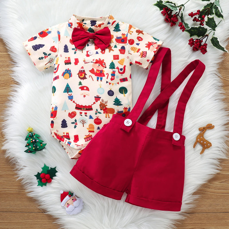 Christmas Suit Infant Bow Short Sleeve Polo Romper + Brace Shorts Set Newborn Baby Girl Boy Clothes