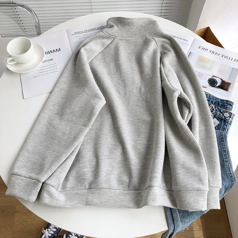 Rimocy Warm Thicken Zipper Stand Collar Hoodie Women Casual Long Sleeve Pullover Tops Woman Solid Color Loose Plush Sweatshirt