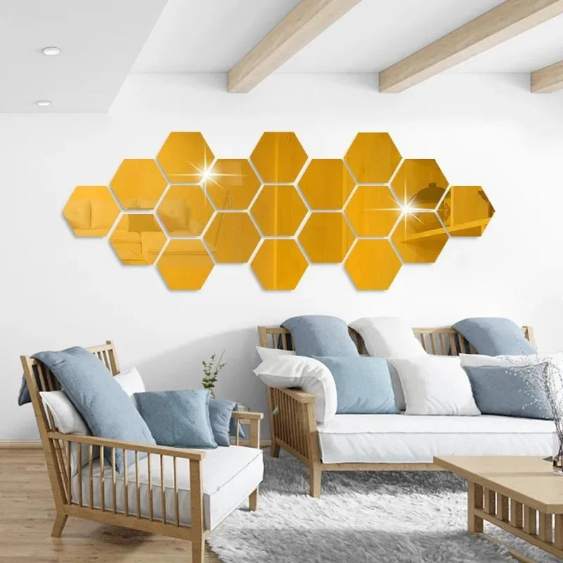 12pcs Hexagon Mirror Wall Stickers Self Adhesive Removable Wall Sticker Gold Silver Mosaic Tiles Decals Bedroom Home Decor