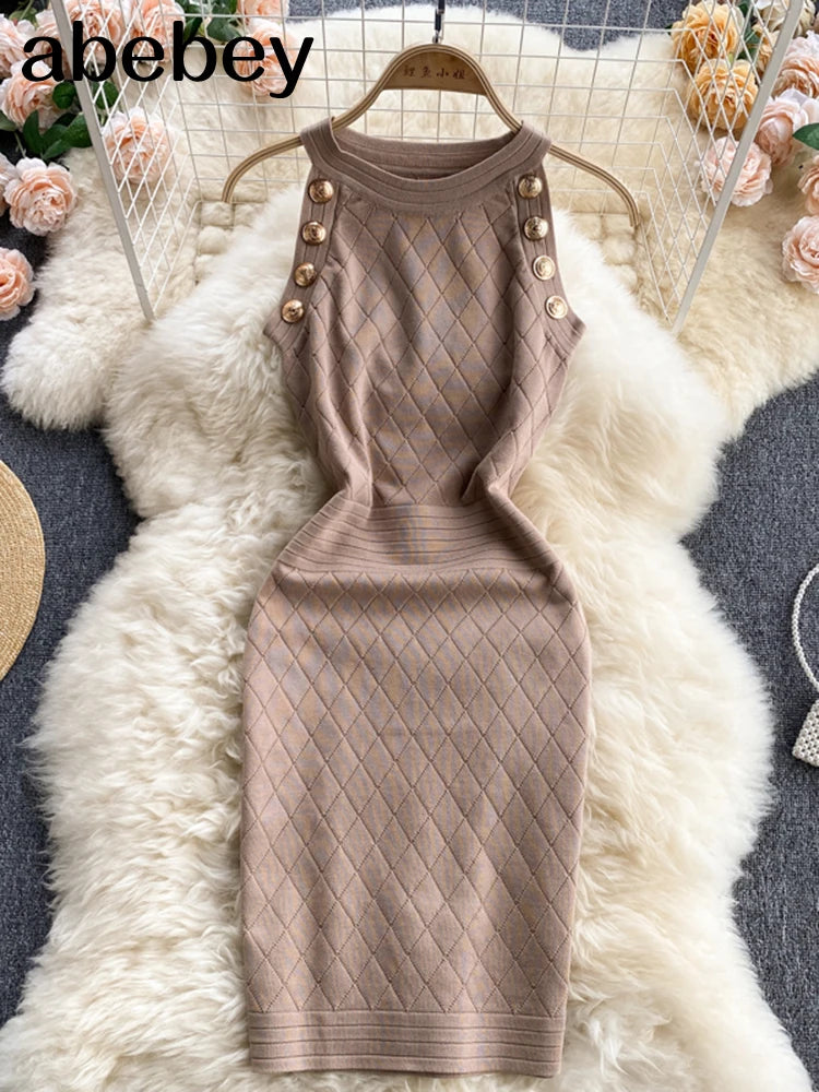 New Button Details Sleeveless Knitted Bodycon Dress Women Summer Elegant Stretchy Dress Vintage Solid Dress