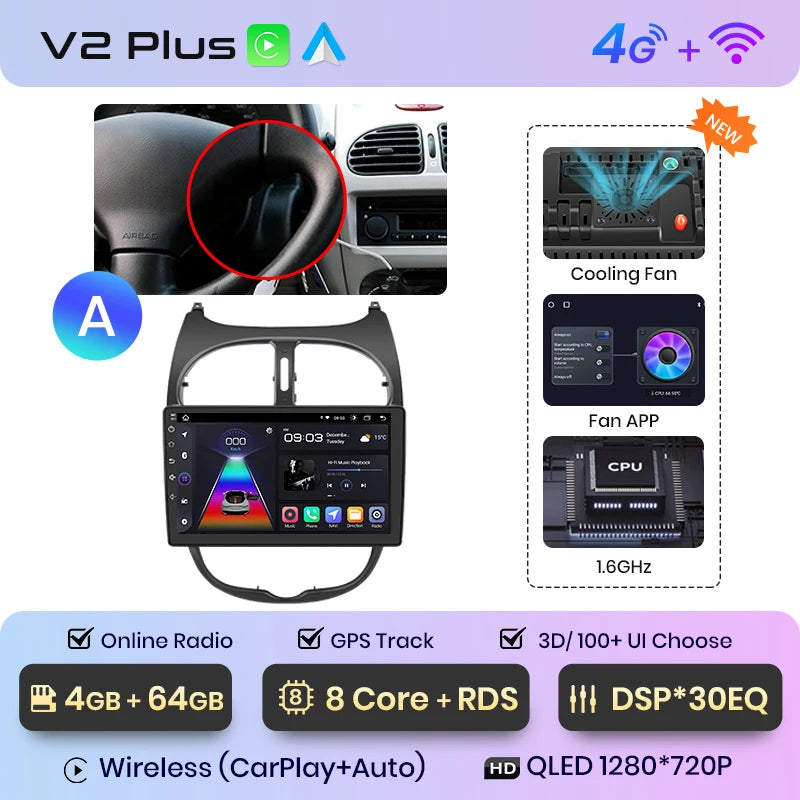 Junsun V1 Wireless CarPlay AndroidAuto Radio For Peugeot 206 206CC 206SW 2001-2008 4G Car Intelligent Systems 2Din Autoradio GPS