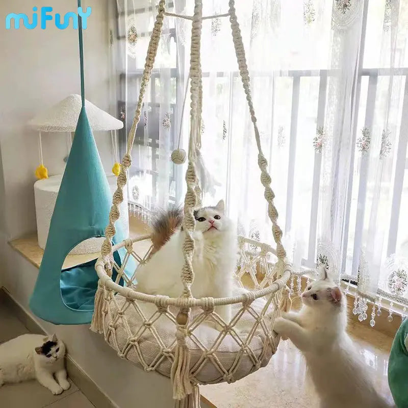MiFuny Large Cat Hammock Hand Woven Hanging Basket Pet Cat Swing Beds Kitten Accessories Toy with Rope Cat's House Puppy Bed