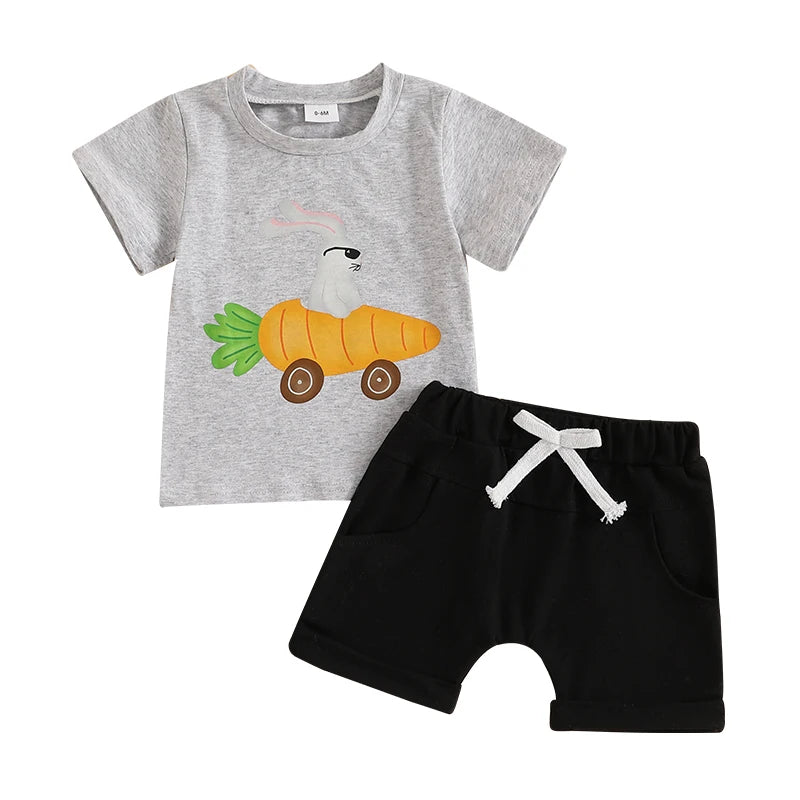 Adorable Toddler Boys Easter Outfits with Bunny Print Round Neck Short Sleeve T-Shirts and Elastic Waist Shorts - 2 Piece