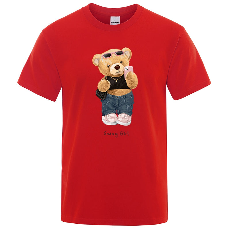 Street Teddy Bear Selfie Swag Girl  Prints Men Tops Fashion Summer T Shirt Mens Short Sleeve Hip Hop Streetwear